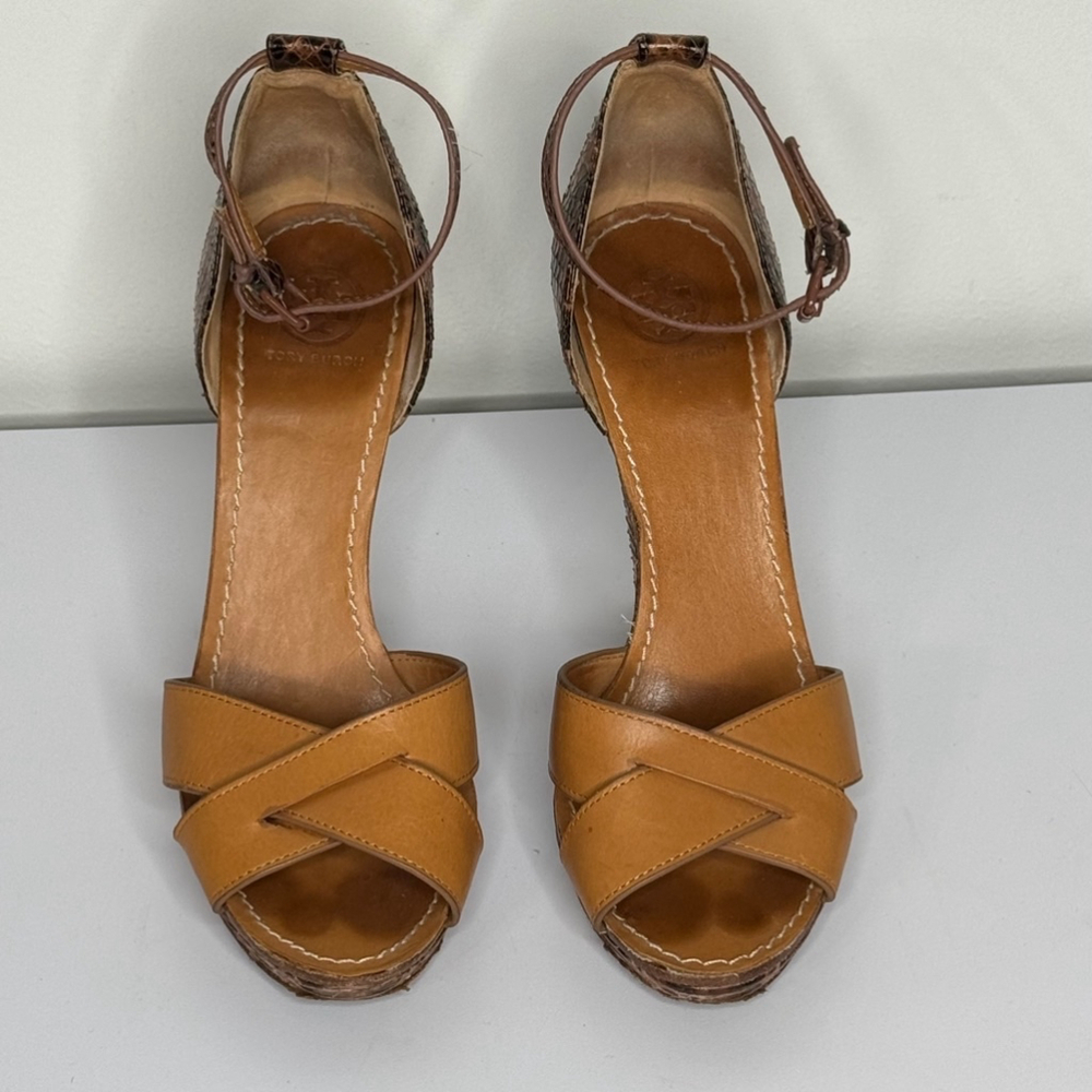 Tory Burch Brown Leather And Python Platform Wedg… - image 1